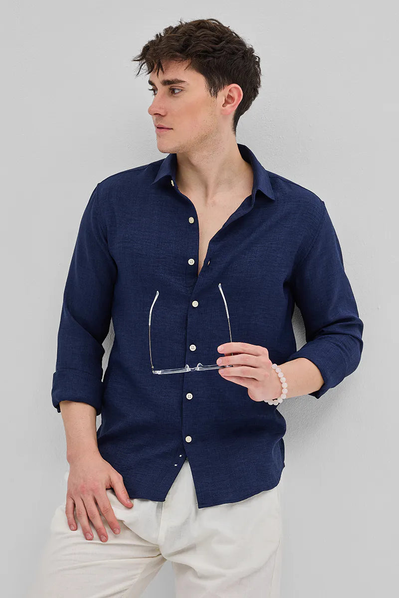 Premium Navy Textured Button-Down