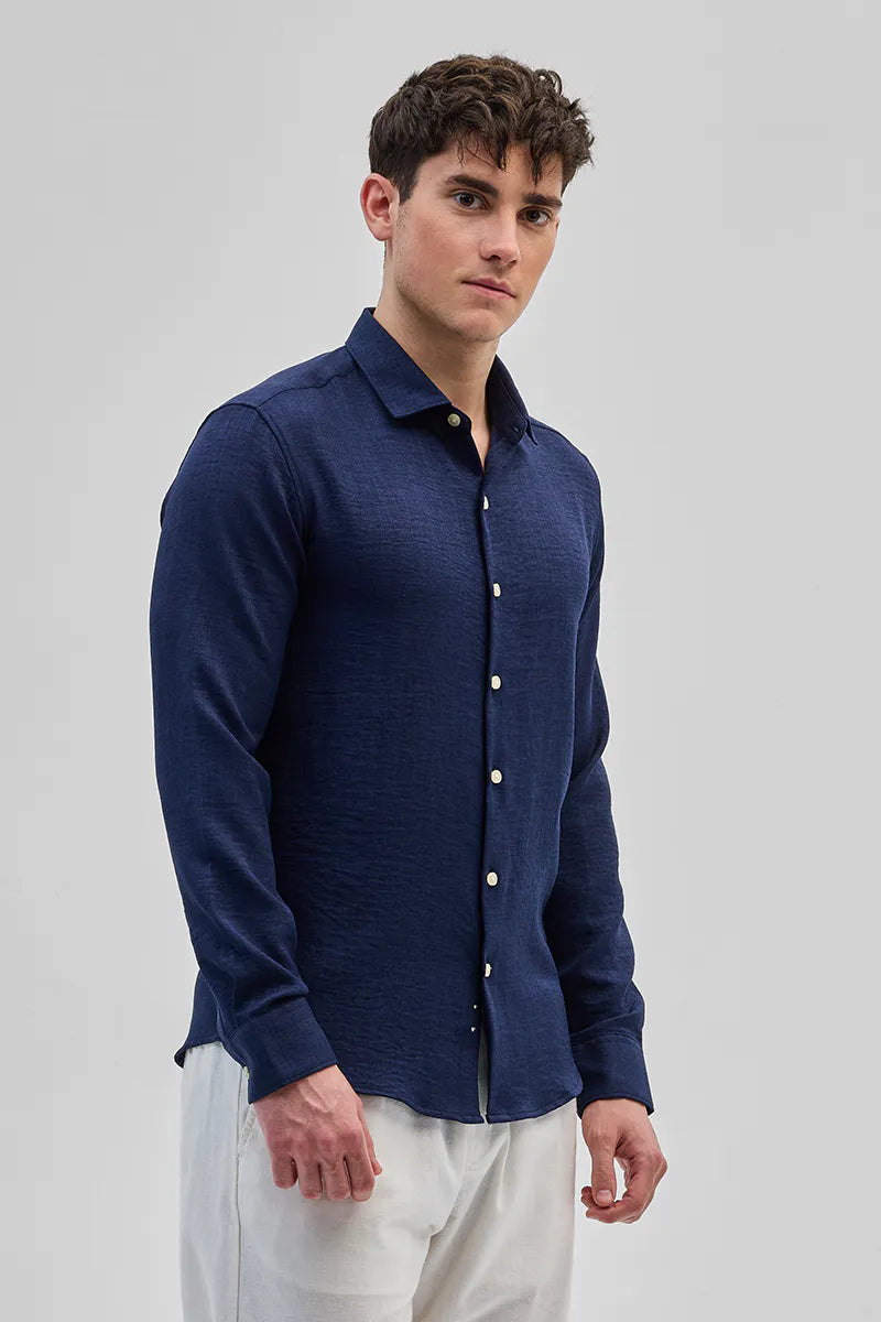 Premium Navy Textured Button-Down